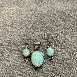 Sterling Silver Opal Pendant & Dangle Earrings Set - Vintage Style Bright Color